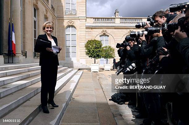 France's Minister in Charge of Apprenticeship and Professional Training Nadine Morano poses for photographers as she leaves the Elysee presidential...
