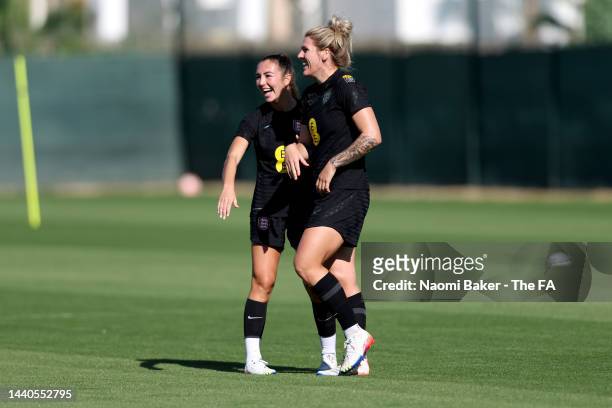 Katie Zelem and Millie Bright of England react during a training session on November 10, 2022 in San Pedro del Pinatar, Spain.