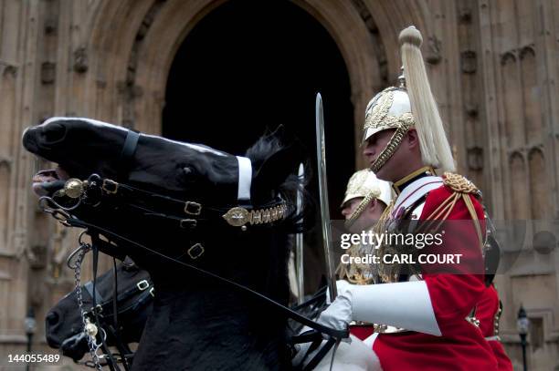 Horse carrying a Lifeguard from the Household Cavalry rears its head outside the Palace of Westminster during the State Opening of Parliament in...