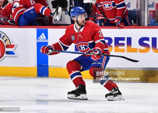Jonathan Drouin of the Montreal Canadiens skates against the Vancouver Canucks during the second period at Centre Bell on November 9, 2022 in...