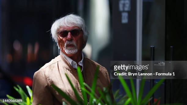 Bernie Ecclestone looks on in the Paddock during previews ahead of the F1 Grand Prix of Brazil at Autodromo Jose Carlos Pace on November 10, 2022 in...