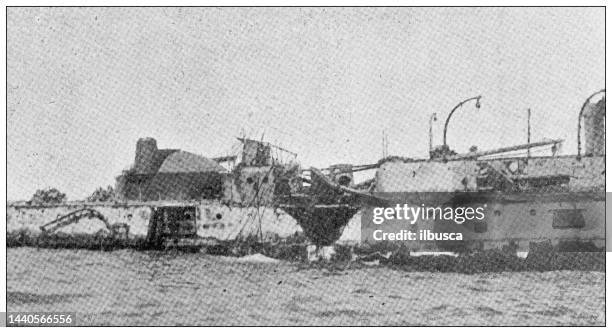 antique image: spanish american war, after the battle of 3th july 1898, santiago de cuba, "oquendo" - sport de combat stock illustrations