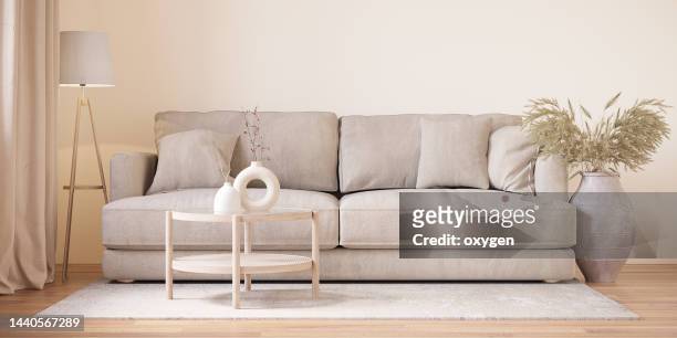 elegant home interior in japanese style. modern scandinavian  living room interior design with sofa. 3d rendering - 鉢植え 無人 ストックフォトと画像