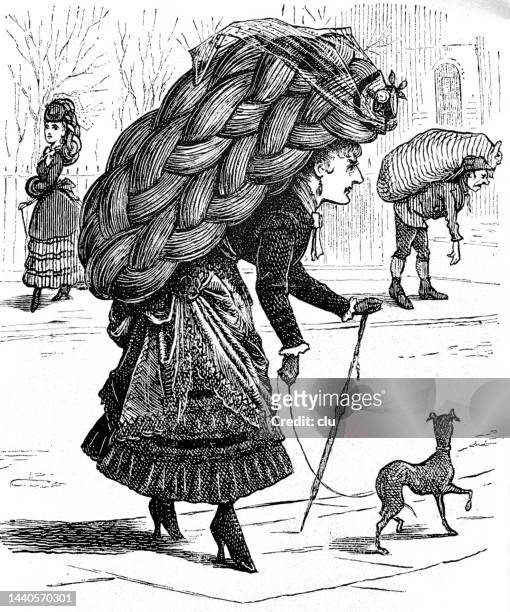 elegant lady with gigantic wig and dog encounters on the street a man who carries a sack on his back as big as her head of hair - lap dog isolated stock illustrations