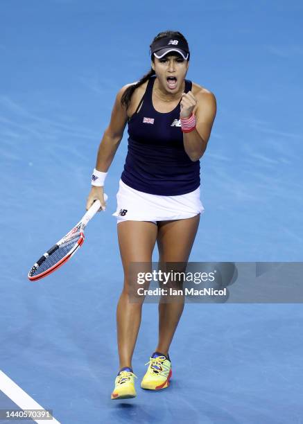 Heather Watson of Great Britain celebrates a point against Nuria Parrizas Diaz of Spain in the Women's Singles during the Billie Jean King Cup Finals...