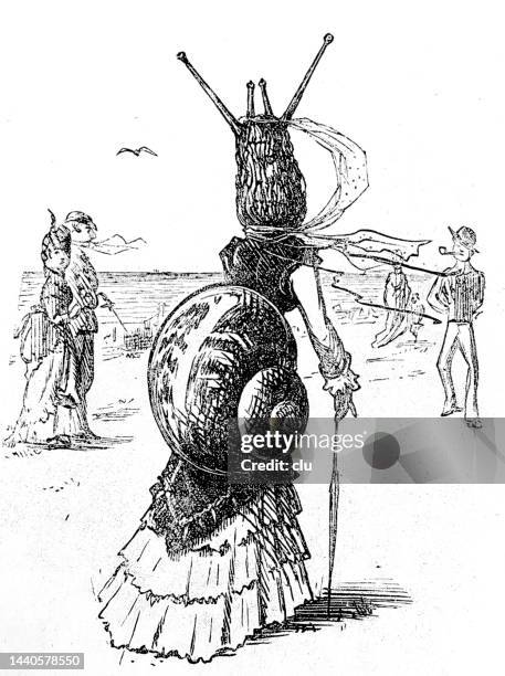 bizarre: woman in a snail dress promenades on the beach - cartoon snail stock illustrations