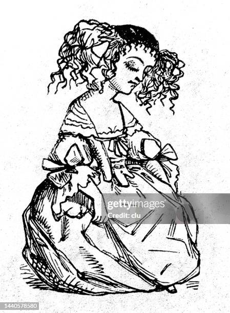 young lady with side hair ruffles and long dress makes a court curtsy - bizarre fashion stock illustrations