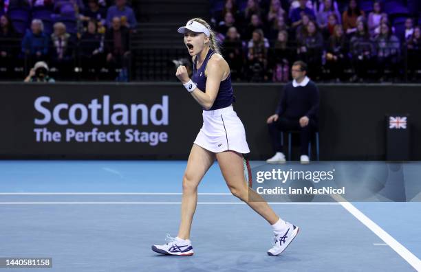 Harriet Dart of Great Britain celebrates a point against Paula Badosa of Spain in the Women's Singles during the Billie Jean King Cup Finals 2022...