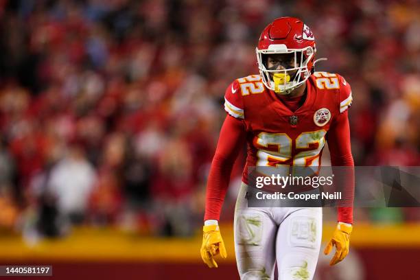 Juan Thornhill of the Kansas City Chiefs defends against the Tennessee Titans at GEHA Field at Arrowhead Stadium on November 6, 2022 in Kansas City,...