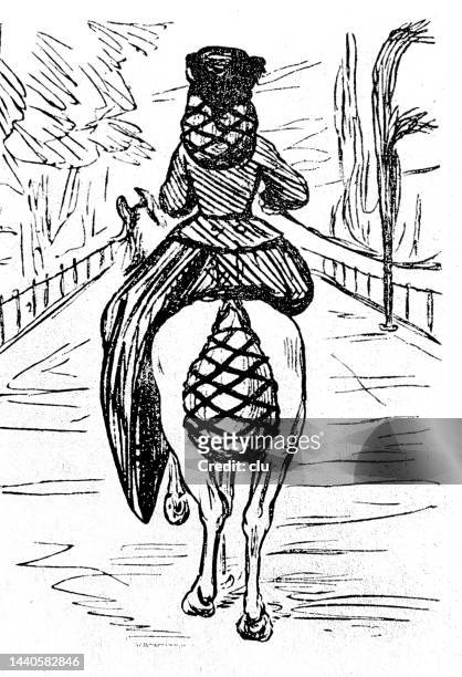 lady on horseback, rear view, the ponytail has the same mesh wrapping as her hair - bizarre fashion stock illustrations