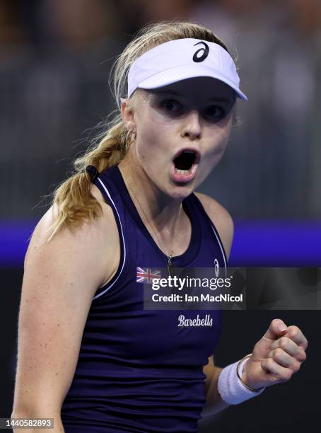 Harriet Dart of Great Britain celebrates a point against Paula Badosa of Spain in the Women's Singles during the Billie Jean King Cup Finals 2022...