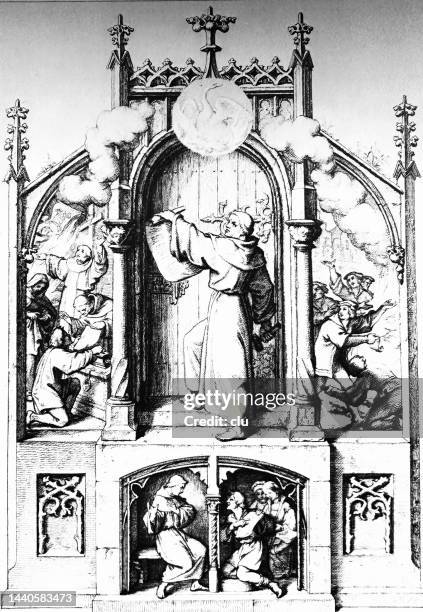 martin luther's theses against the sale of indulgences, october, 31 - 1517, wittenberg - dissertation stock illustrations