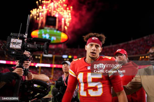 Patrick Mahomes of the Kansas City Chiefs walks off of the field next to a Sunday Night Football steady camera against the Tennessee Titans at GEHA...