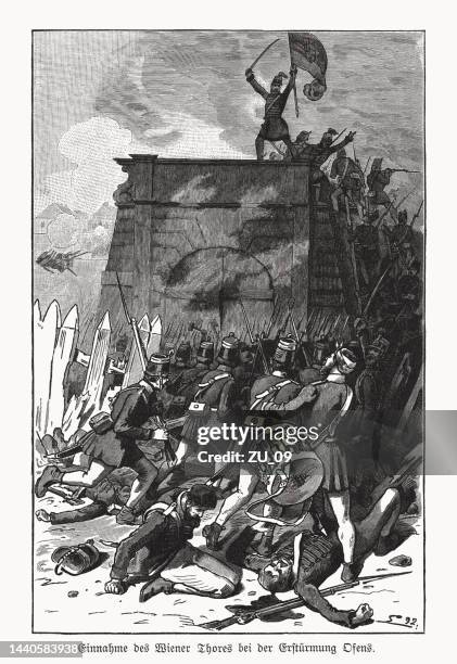 stockillustraties, clipart, cartoons en iconen met the storming of ofen in may 1849, woodcut, published 1893 - hungary sports