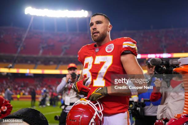 Travis Kelce of the Kansas City Chiefs celebrates against the Tennessee Titans at GEHA Field at Arrowhead Stadium on November 6, 2022 in Kansas City,...
