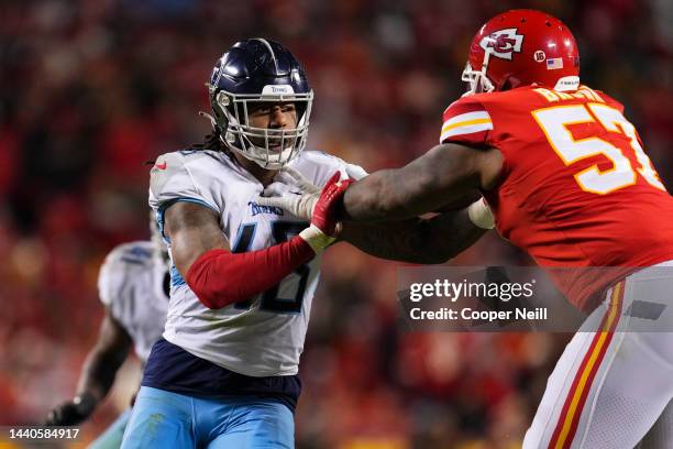 Bud Dupree of the Tennessee Titans defends against the Kansas City Chiefs at GEHA Field at Arrowhead Stadium on November 6, 2022 in Kansas City,...