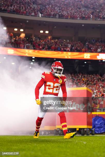 Juan Thornhill of the Kansas City Chiefs runs out during introductions against the Tennessee Titans at GEHA Field at Arrowhead Stadium on November 6,...