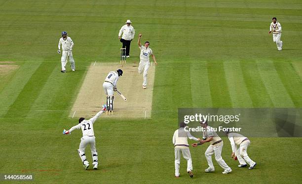 Somerset bowler Craig Overton celebrates after dismissing Durham batsman Ruel Brathwaite to wrap up the innings during day one of the LV County...