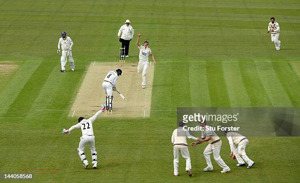 Somerset bowler Craig Overton celebrates after dismissing Durham batsman Ruel Brathwaite to wrap up the innings during day one of the LV County...