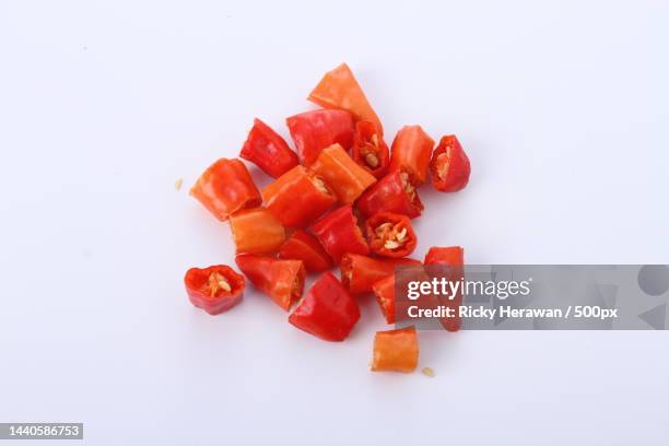 close-up of chopped red bell pepper over white background,bekasi,indonesia - red bell pepper fotografías e imágenes de stock