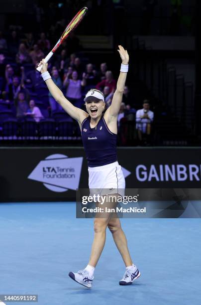 Harriet Dart of Great Britain celebrates after winning match point against Paula Badosa of Spain in the Women's Singles during the Billie Jean King...