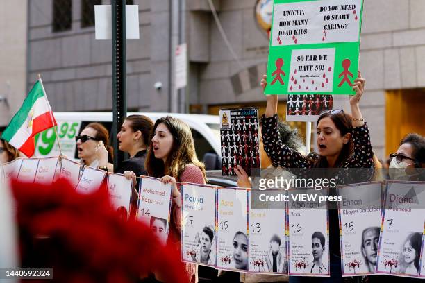 People shout slogans during a protest for children of Iran at UNICEF headquarters on November 10, 2022 in New York City. According to reports 46...