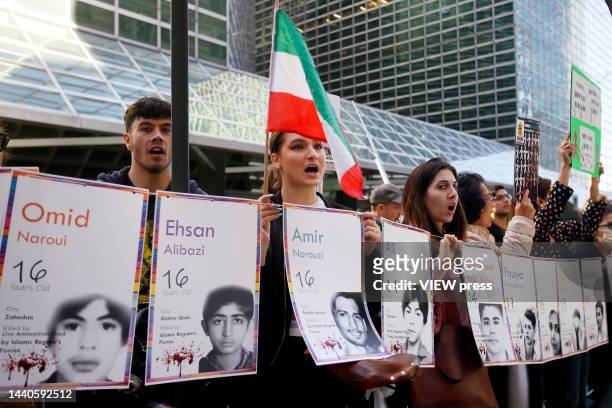 People shout slogans during a protest for children of Iran at UNICEF headquarters on November 10, 2022 in New York City. According to reports 46...