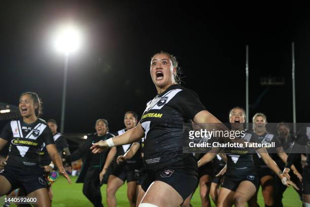 Mya Hill-Moana of New Zealand leads the Haka prior to the Women's Rugby League World Cup Group B match between Australia Women and New Zealand Women...