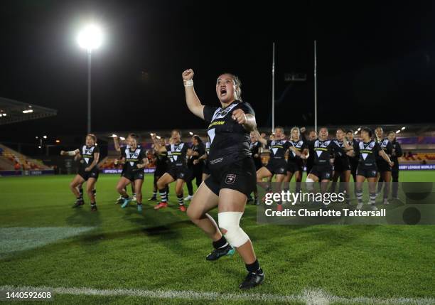 Mya Hill-Moana of New Zealand leads the Haka prior to the Women's Rugby League World Cup Group B match between Australia Women and New Zealand Women...