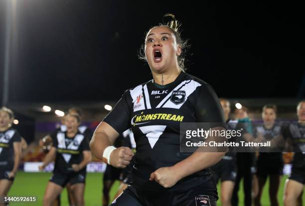 Mya Hill-Moana of New Zealand leads the Haka prior to the Women's Rugby League World Cup Group B match between Australia Women and New Zealand Women...