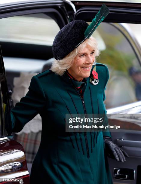 Camilla, Queen Consort arrives in her Bentley state limousine for a visit to the 94th Field of Remembrance at Westminster Abbey on November 10, 2022...