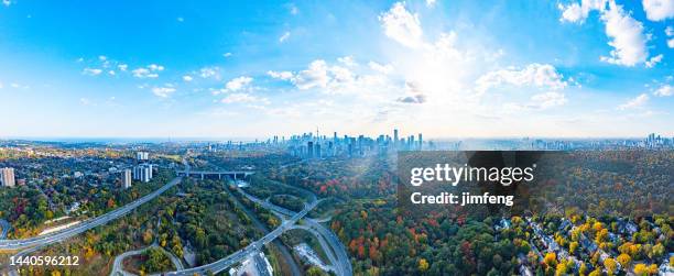 aerial evergreen brick works and rosedale in autumn, toronto, canada - day toronto stock pictures, royalty-free photos & images