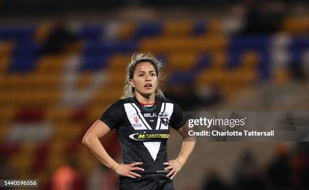 Apii Nicholls of New Zealand looks during the Women's Rugby League World Cup Group B match between Australia Women and New Zealand Women at LNER...