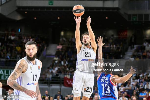 Sergio Llull of Real Madrid shoots during the 2022/2023 Turkish Airlines EuroLeague Regular Season Round 7 match between Real Madrid and Anadolu Efes...