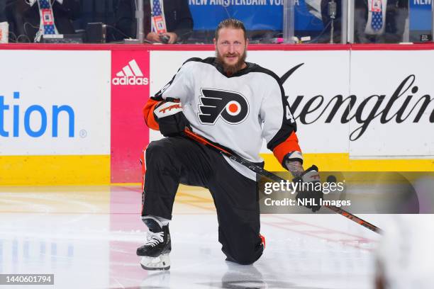 Nicolas Deslauriers of the Philadelphia Flyers looks on prior to the game against the St. Louis Blues at Wells Fargo Center on November 8, 2022 in...