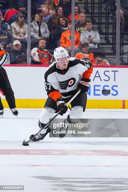 Wade Allison of the Philadelphia Flyers controls the puck against the St. Louis Blues at Wells Fargo Center on November 8, 2022 in Philadelphia,...