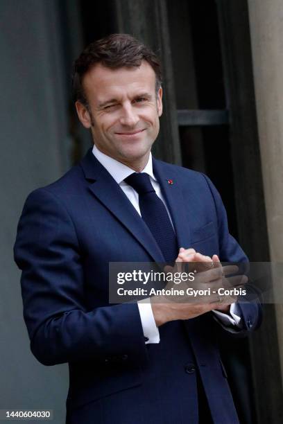French President Emmanuel Macron pose at the Elysee palace as part of the Paris Peace Forum, in Paris on November 10, 2022 in Paris, France.