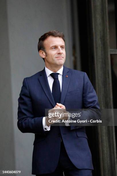 French President Emmanuel Macron pose at the Elysee palace as part of the Paris Peace Forum, in Paris on November 10, 2022 in Paris, France.