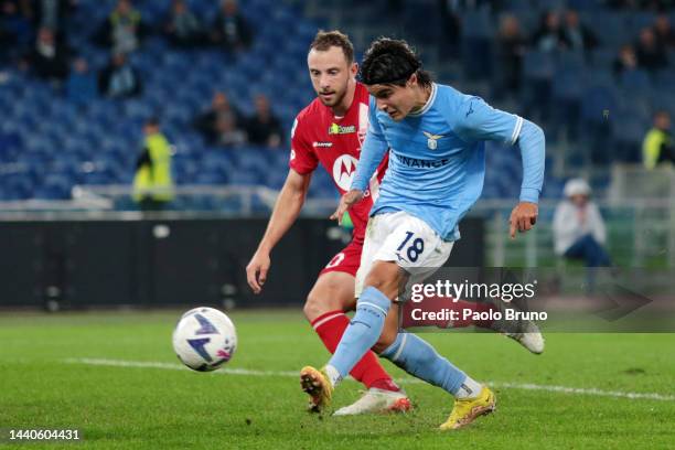 Luka Romero of SS Lazio scores their team's first goal during the Serie A match between SS Lazio and AC Monza at Stadio Olimpico on November 10, 2022...