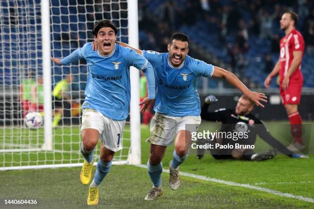 Luka Romero of SS Lazio celebrates with teammate Pedro after scoring their team's first goal during the Serie A match between SS Lazio and AC Monza...