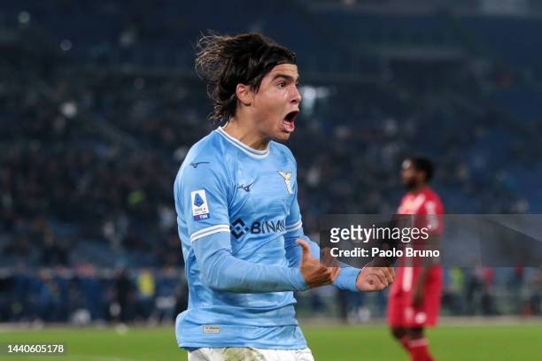 Luka Romero of SS Lazio celebrates after scoring their team's first goal during the Serie A match between SS Lazio and AC Monza at Stadio Olimpico on...
