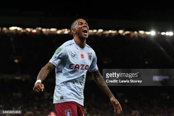Ashley Young of Aston Villa celebrates their team's second goal, an own goal scored by Diogo Dalot of Manchester United during the Carabao Cup Third...
