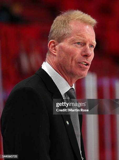 Roy Johansen, headcoach of Norway looks on during the IIHF World Championship group S match between Norway and Italy at Ericsson Globe on May 9, 2012...