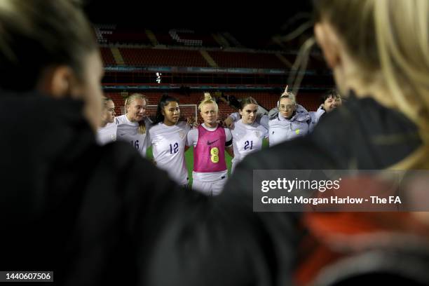 Mo Marley, Manager of England talks to players as they huddle following the WU23 International Friendly match between England Women and Netherlands...