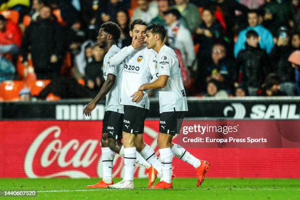 Hugo Guillamon of Valecia celebrates a goal with teammates during the spanish league, La Liga Santander, football match played between Valencia CF...