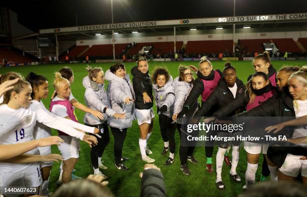 Players huddle following the WU23 International Friendly match between England Women and Netherlands Women at Poundland Bescot Stadium on November...