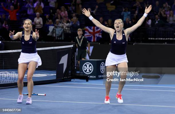 Alicia Barnett celebrates after winning match point with partner Olivia Nicholls of Great Britain against Aliona Bolsova and partner Rebeka Masarova...