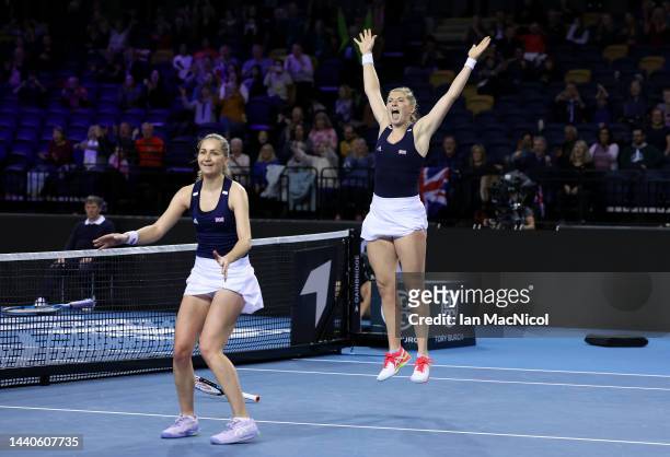 Alicia Barnett celebrates after winning match point with partner Olivia Nicholls of Great Britain against Aliona Bolsova and partner Rebeka Masarova...