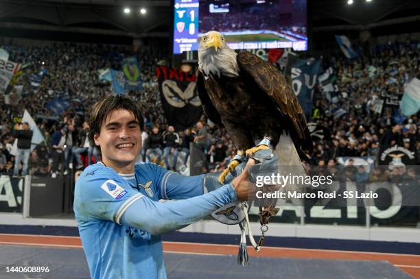 Luka Romero of SS Lazio celebrates a victory after the Serie A match between SS Lazio and AC Monza at Stadio Olimpico on November 10, 2022 in Rome,...