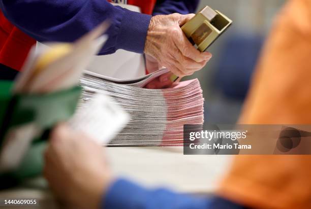 Ballots are processed by election workers at the Clark County Election Department during the ongoing election process on November 10, 2022 in North...
